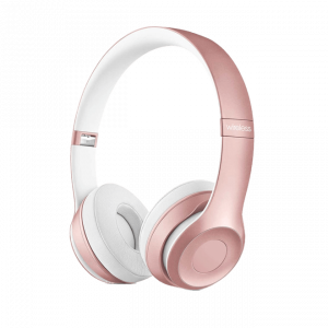 Rose gold wireless on-ear headphones with white earcups